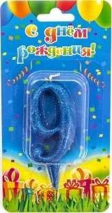 Свеча  цифра "9" Овал, синяя, с блестками, 8 см./ 1шт.