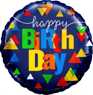С 18''/46 см Круг, С Днем рождения! (треугольники), Синий, 1  шт.(США)