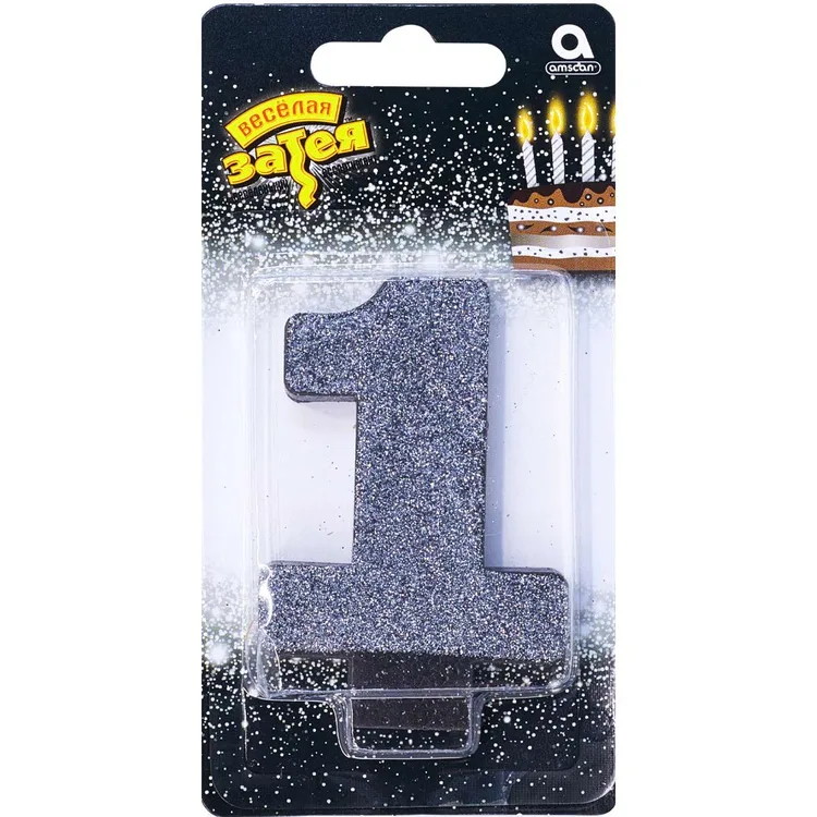 Свеча -цифра "1" Черная глиттер 8см