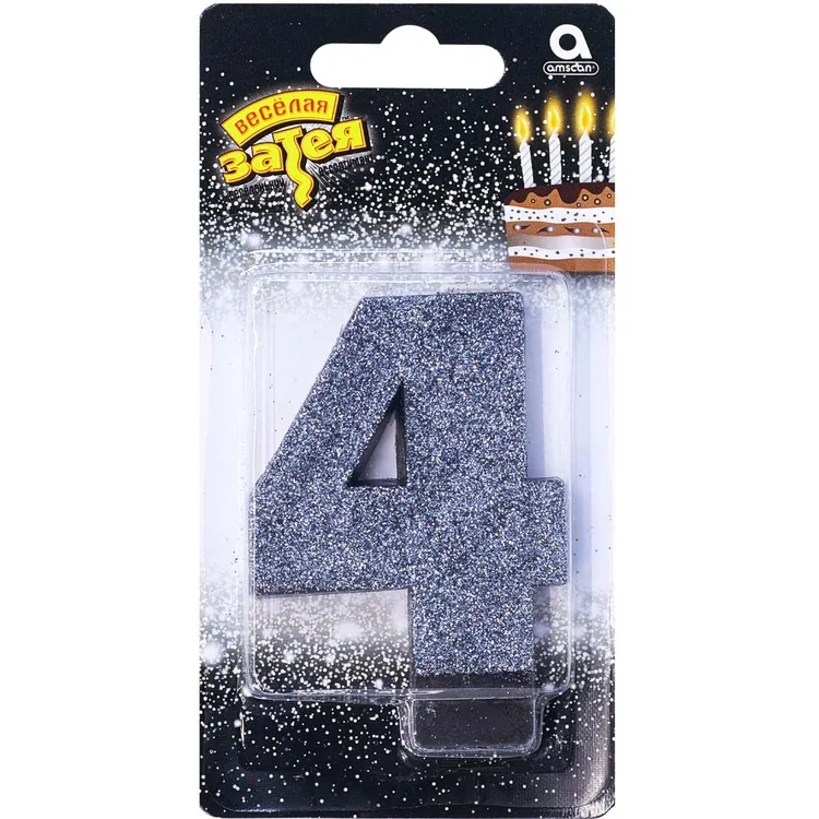 Свеча -цифра "4" Черная глиттер 8см