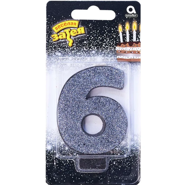 Свеча -цифра "6" Черная глиттер 8см