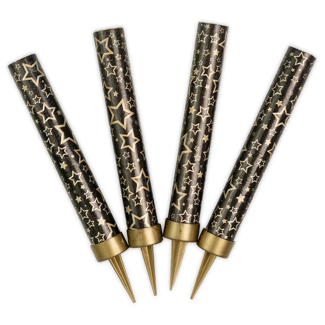 Свеча Фонтан для торта Золотые звезды, Черный, Металлик, 10 см, 4 шт.