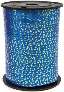 Лента (0,5 см*250 м) Золотые звезды, Синий, Металлик, 1 шт.