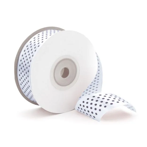 Лента Атлас Белый в черный горох 2,5 см * 22,85 м